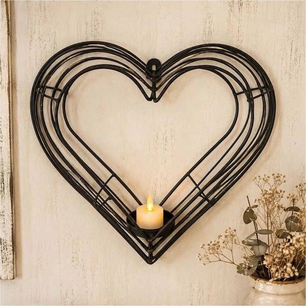 Vintage Black Metal Heart Wall Sconce Candle Holder - Rustic Romantic Home Decor
